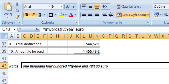 przykad 2 - kwota sownie po angielsku - formua w Excel