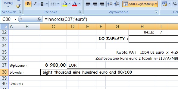 przykad 3 - kwota sownie po angielsku - formua w Excel