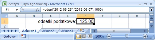 odsetki podatkowe - przykad uycia funkcji dodatkowej excel obliczajcej wysoko odsetek podatkowych