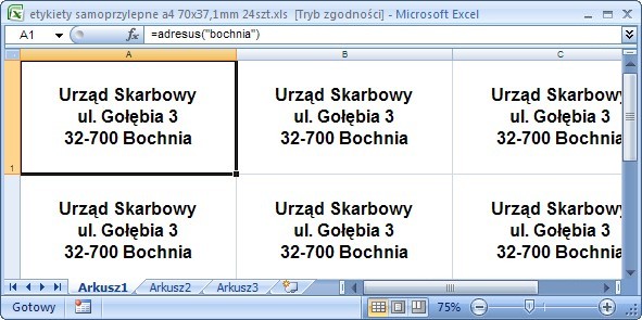 przykad 1 - adresy urzdw skarbowych - formua w Excel - etykiety adresowe