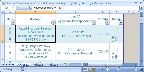 przykład 2 - adresy Urzędów Skarbowych Kraków Warszawa - formuła w Excel - nadawcza książka kancelaryjna