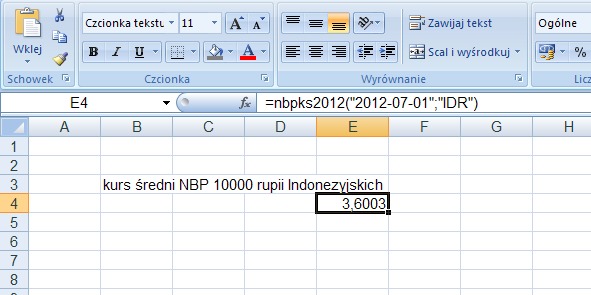 przykad 1 - kurs redni NBP waluty obcej - formua w Excel