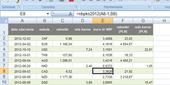 przykad 2 - kursy rednie NBP waluty obcych - formua w Excel