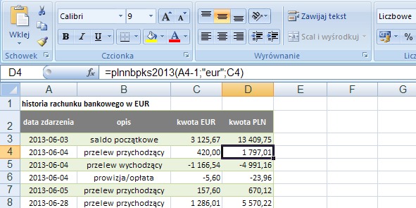 przykad 3 - kursy rednie NBP waluty obcych - formua w Excel