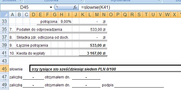 przykad 1 - kwota sownie na rachunku - formua w Excel