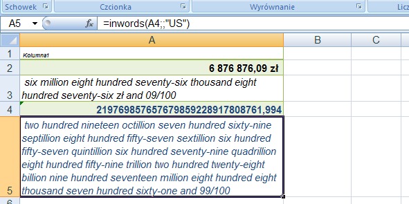 przykad 4 - kwota sownie po angielsku - formua w Excel