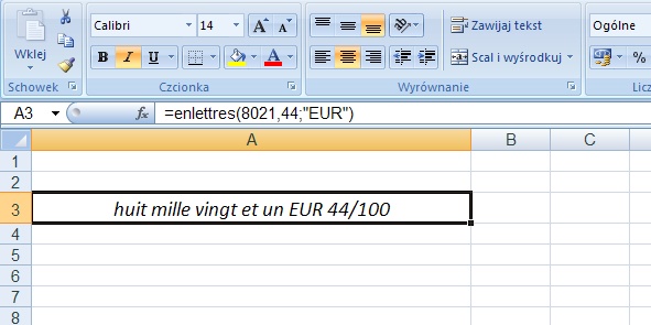 przykład 1 - kwota słownie po francusku - formuła w Excel