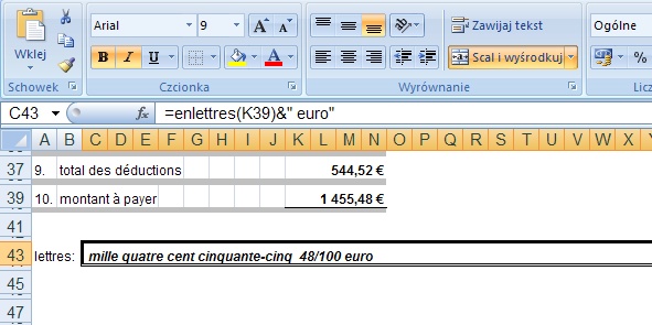 przykład 2 - kwota słownie po francusku - formuła w Excel