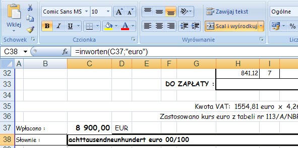 przykład 3 - kwota słownie po niemiecku - formuła w Excel