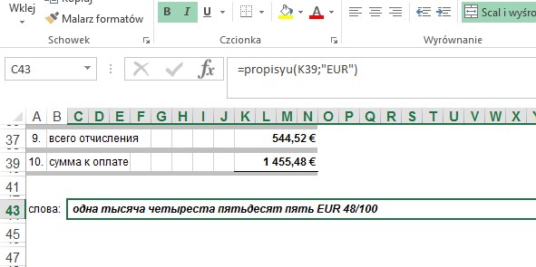 przykład 2 - kwota słownie po rosyjsku - formuła w Excel