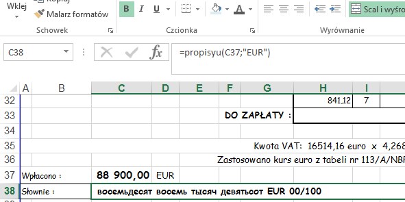 przykad 3 - kwota sownie po rosyjsku - formua w Excel