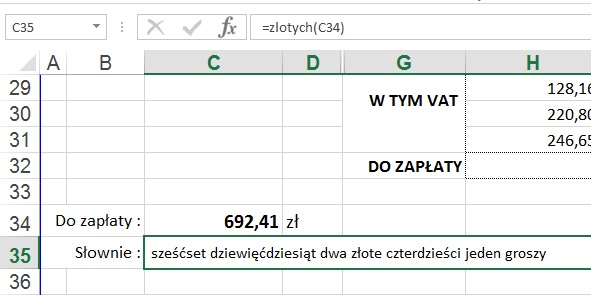 przykad 2 - sownie zotych na fakturze - formua w Excel