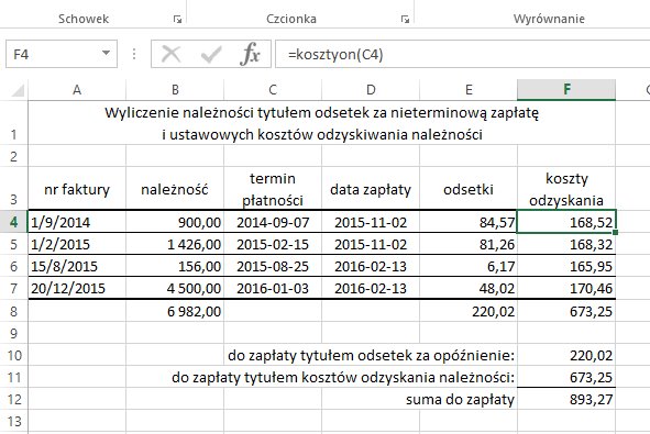 przykład 2 - przysługująca rekompensata kosztów odzyskiwania należności - obliczanie w Excel