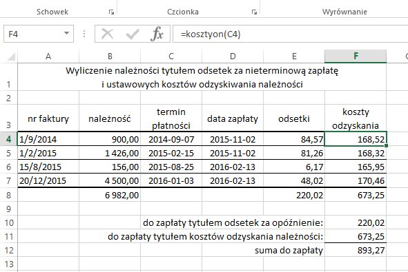 przykad 2 - przysugujca rekompensata kosztw odzyskiwania nalenoci - obliczanie w Excel