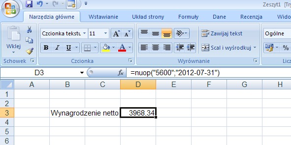 przykład 1 - netto/brutto umowa o pracę (kalkulator wynagrodzeń) - obliczanie w Excel - dane bezpośredniow formule