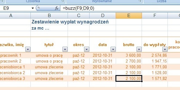 przykład 2 - netto/brutto umowa zlecenie z ZUS (kalkulator wynagrodzeń) - obliczanie w Excel - dane w innych komórkach