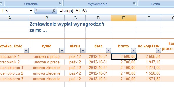 przykład 3 - netto/brutto umowa o pracę (kalkulator wynagrodzeń) - obliczanie w Excel - dane w innych komórkach
