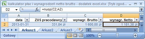 kalkulator wynagrodze netto brutto - przykad uycia funkcji dodatkowej excel obliczajcej wysoko ZUS pracodawcy