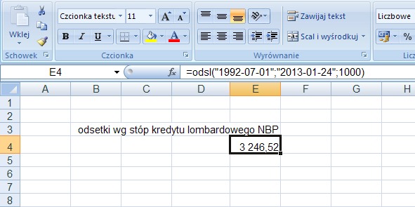 przykład 1 - odsetki lombardowe - obliczanie w Excel