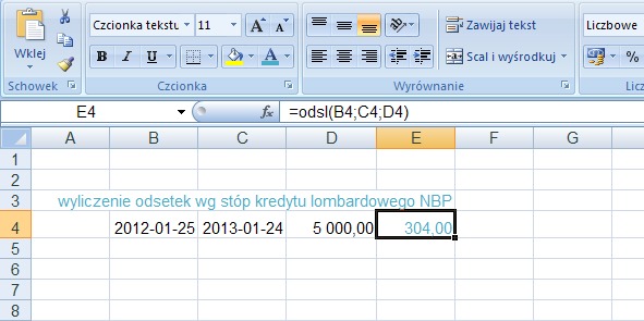 przykład 2 - odsetki lombardowe - obliczanie w Excel