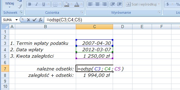 przykład 1 - odsetki podatkowe - obliczanie w Excel