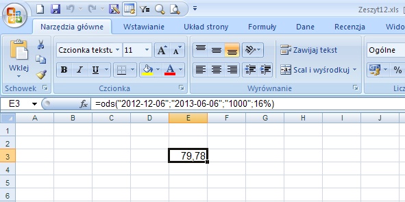 przykład 1 - odsetki umowne - obliczanie w Excel