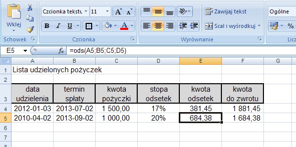 przykład 2 - odsetki umowne - obliczanie w Excel