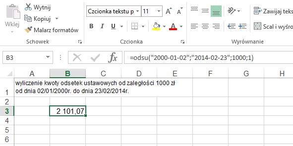 przykad 1 - odsetki ustawowe - obliczanie w Excel