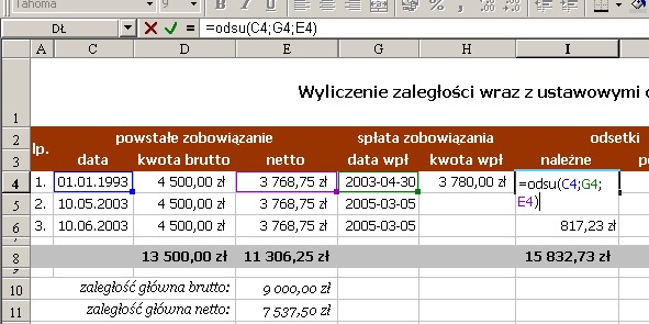 przykad 2 - odsetki ustawowe - obliczanie w Excel