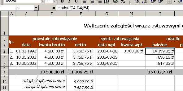 przykad 3 - odsetki ustawowe - obliczanie w Excel