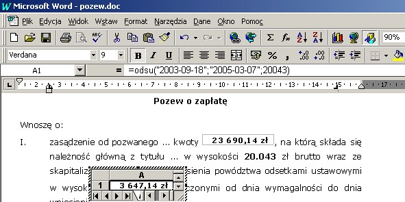 przykład 4 - odsetki ustawowe - obliczanie w Excel wstawianie w Word
