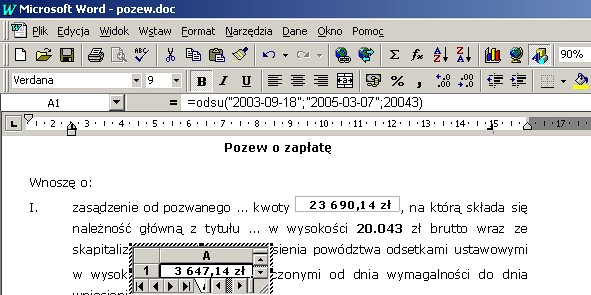 przykad 4 - odsetki ustawowe - obliczanie w Excel wstawianie w Word