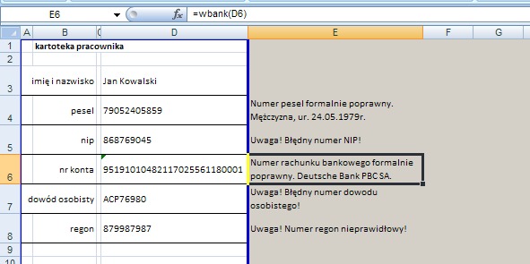 przykład 1 - weryfikuj numer konta rachunku bankowego, nip, pesel, regon, do - formuła w Excel